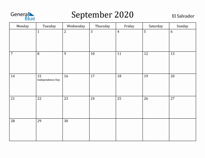 September 2020 Calendar El Salvador