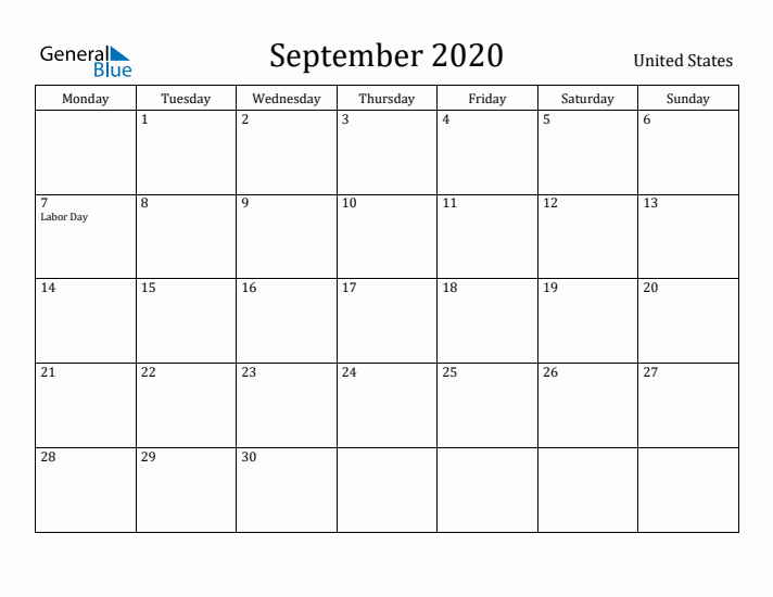 September 2020 Calendar United States