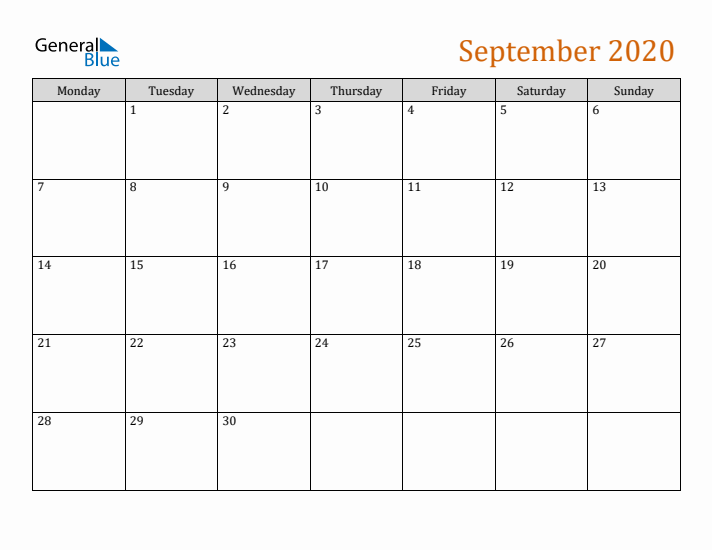 Editable September 2020 Calendar