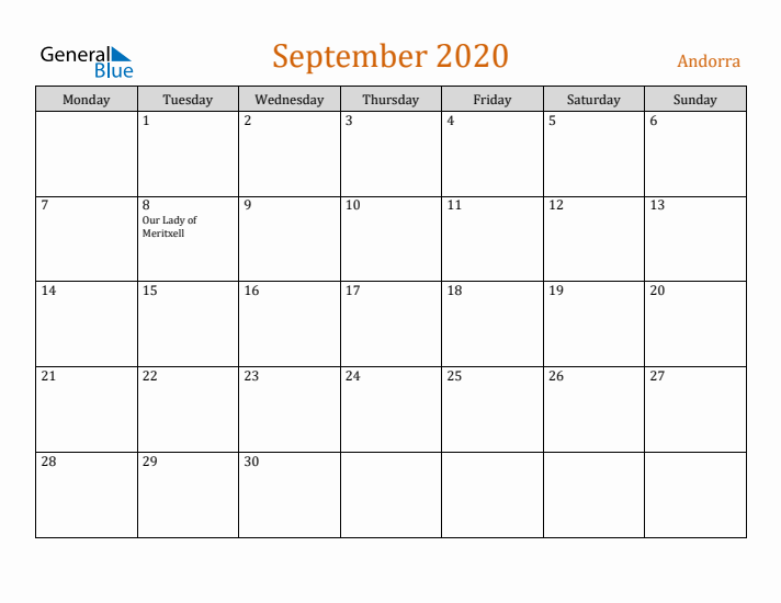 September 2020 Holiday Calendar with Monday Start