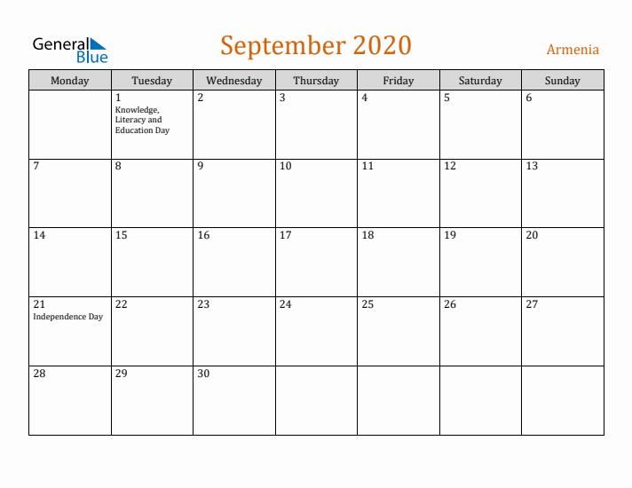 September 2020 Holiday Calendar with Monday Start