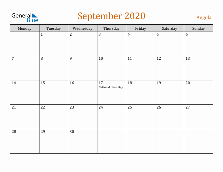 September 2020 Holiday Calendar with Monday Start