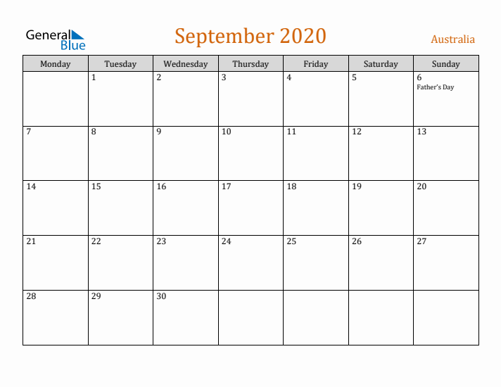 September 2020 Holiday Calendar with Monday Start