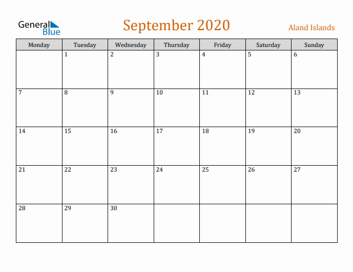 September 2020 Holiday Calendar with Monday Start