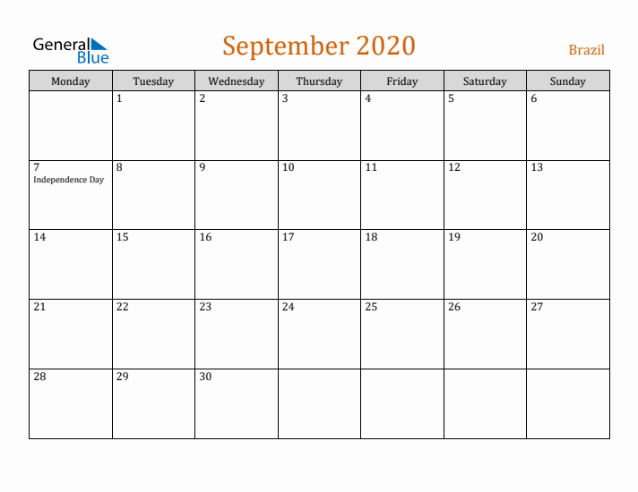 September 2020 Holiday Calendar with Monday Start