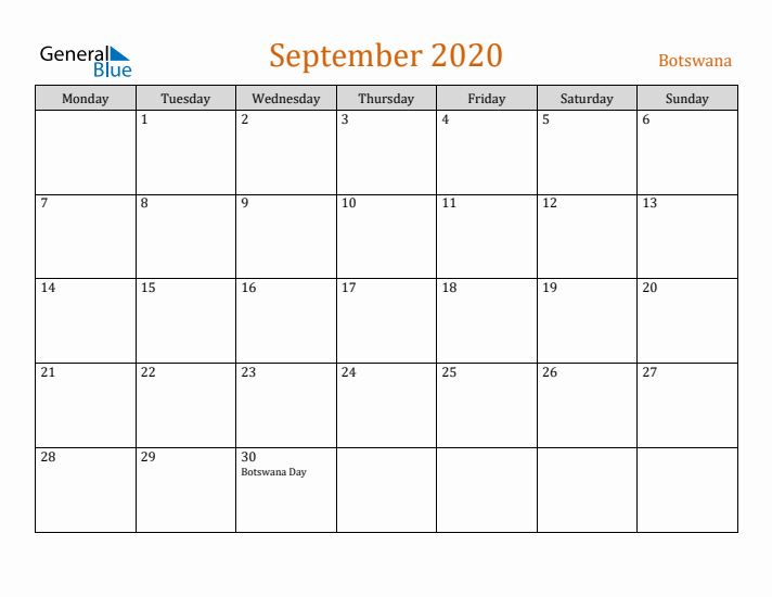 September 2020 Holiday Calendar with Monday Start