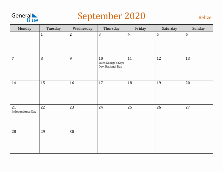 September 2020 Holiday Calendar with Monday Start