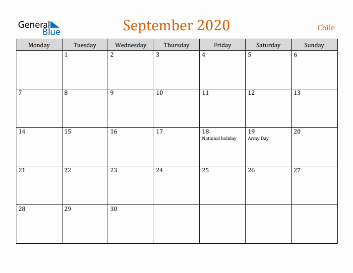 September 2020 Holiday Calendar with Monday Start