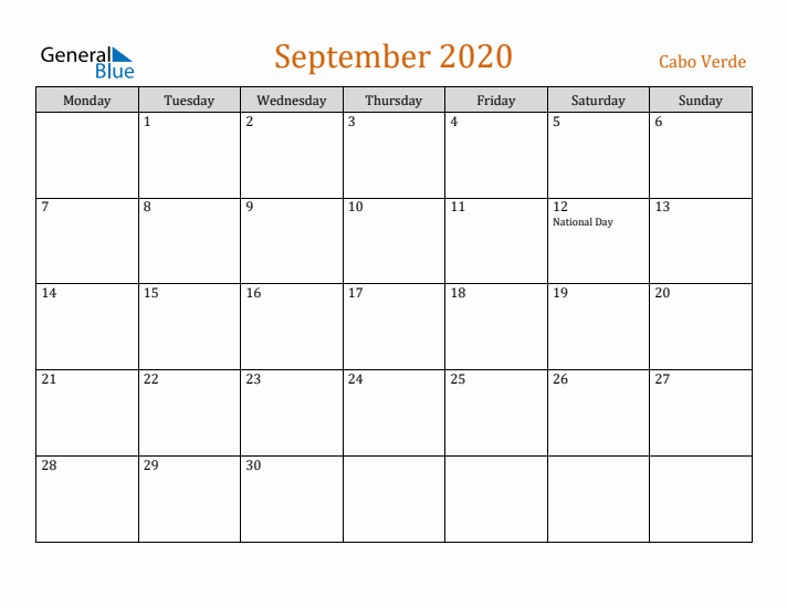 September 2020 Holiday Calendar with Monday Start