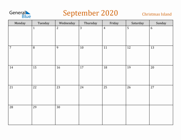 September 2020 Holiday Calendar with Monday Start