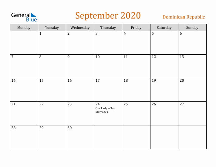 September 2020 Holiday Calendar with Monday Start