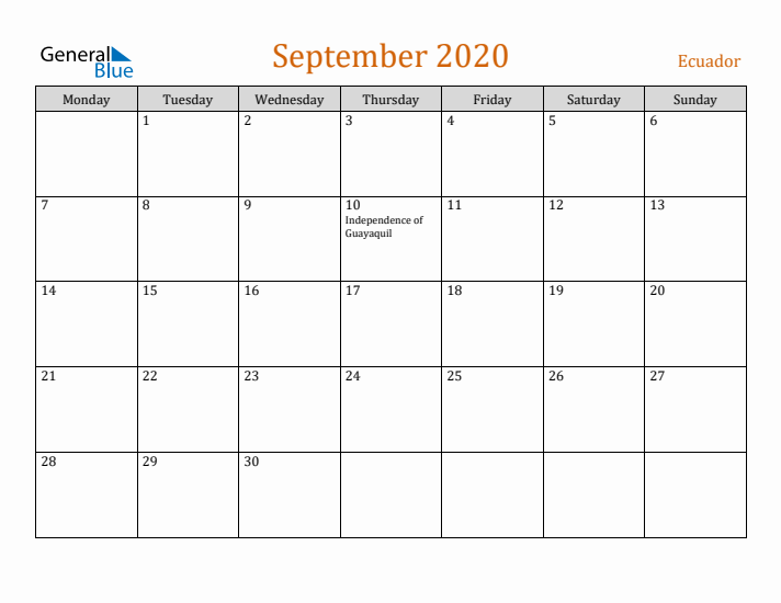 September 2020 Holiday Calendar with Monday Start