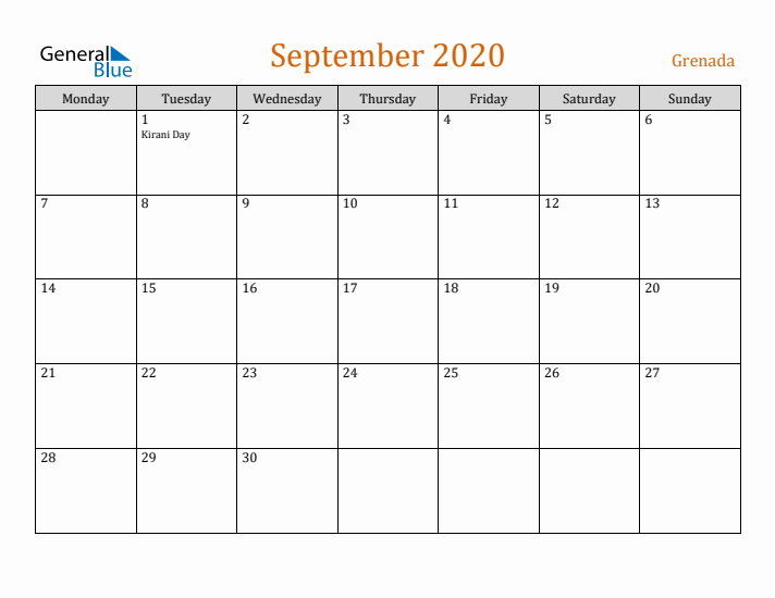 September 2020 Holiday Calendar with Monday Start