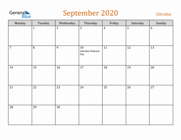 September 2020 Holiday Calendar with Monday Start