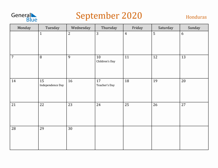 September 2020 Holiday Calendar with Monday Start