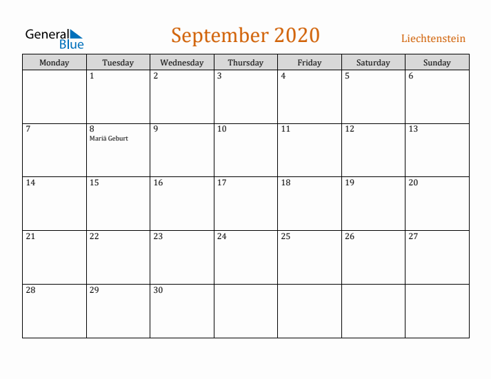 September 2020 Holiday Calendar with Monday Start