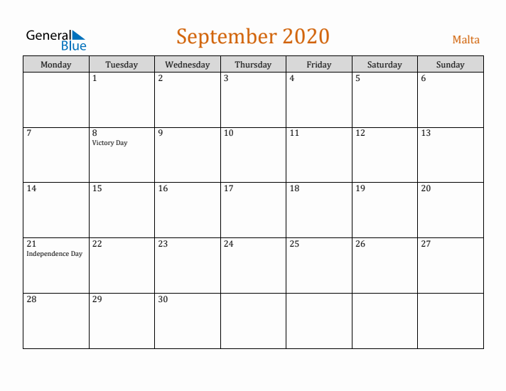 September 2020 Holiday Calendar with Monday Start