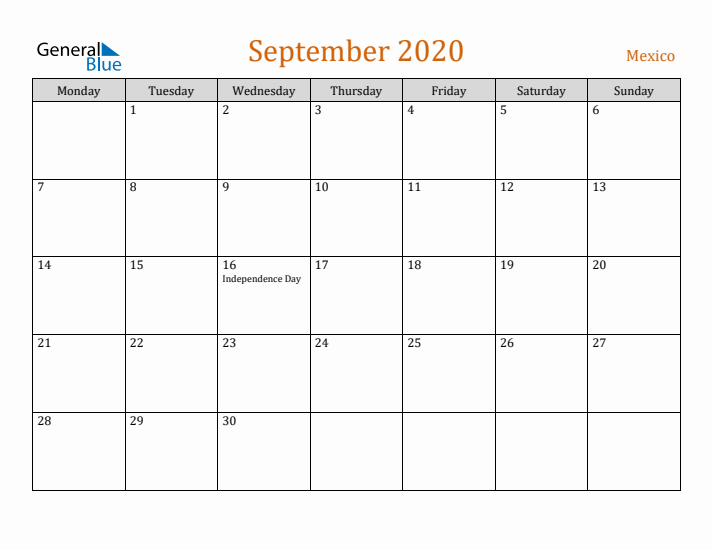 September 2020 Holiday Calendar with Monday Start