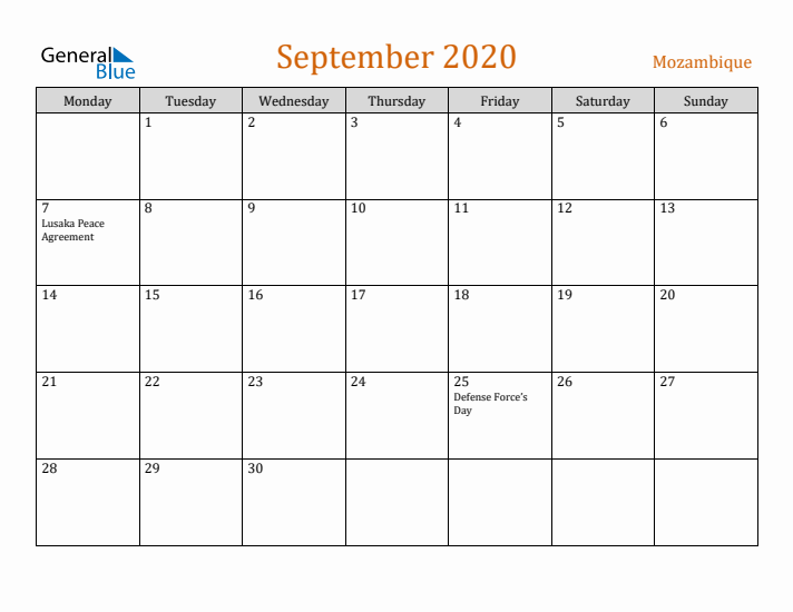 September 2020 Holiday Calendar with Monday Start