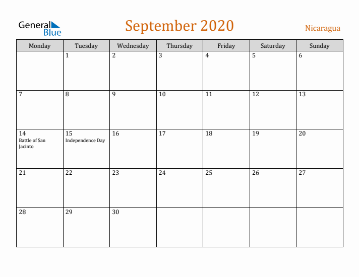 September 2020 Holiday Calendar with Monday Start