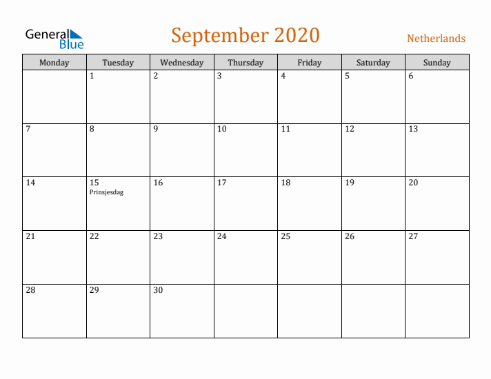 September 2020 Holiday Calendar with Monday Start