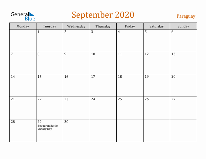 September 2020 Holiday Calendar with Monday Start