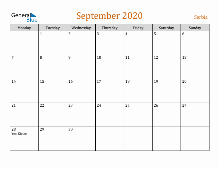 September 2020 Holiday Calendar with Monday Start