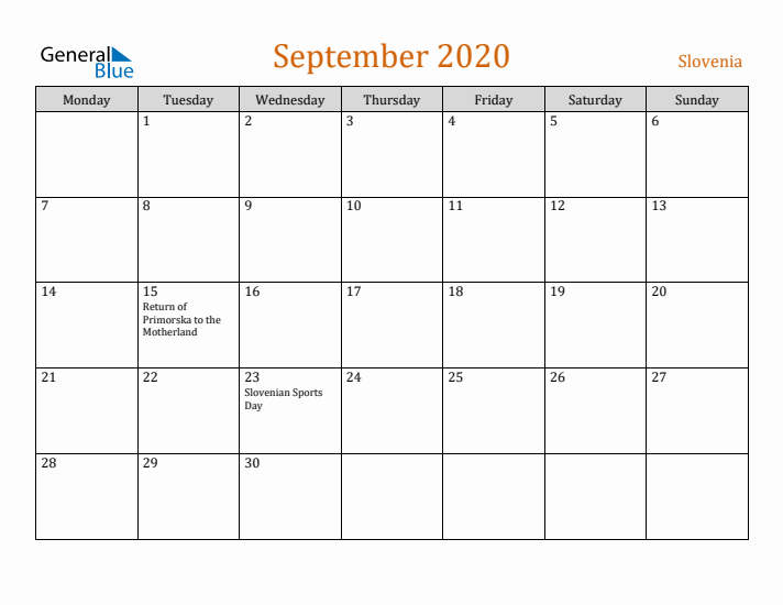 September 2020 Holiday Calendar with Monday Start