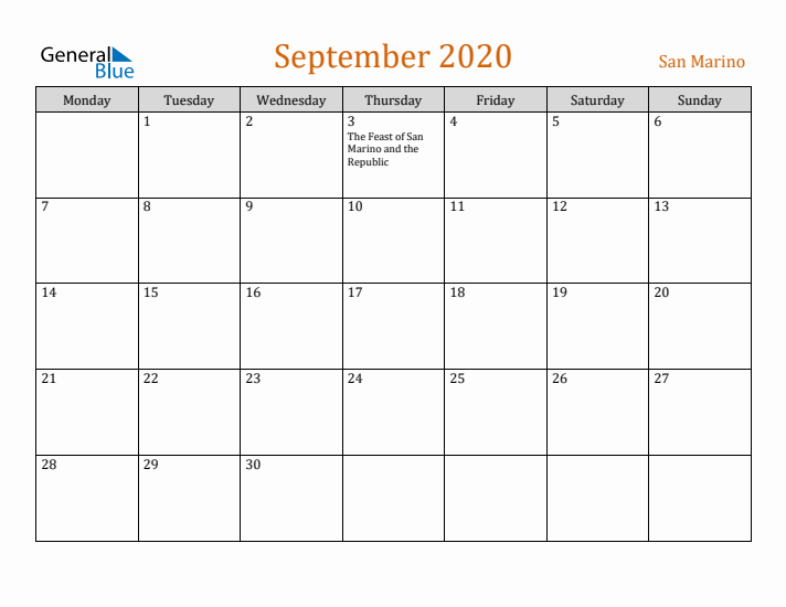 September 2020 Holiday Calendar with Monday Start