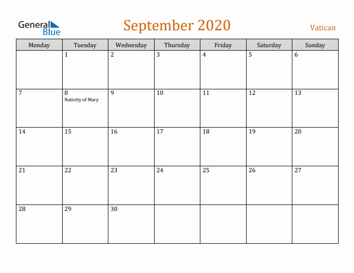 September 2020 Holiday Calendar with Monday Start