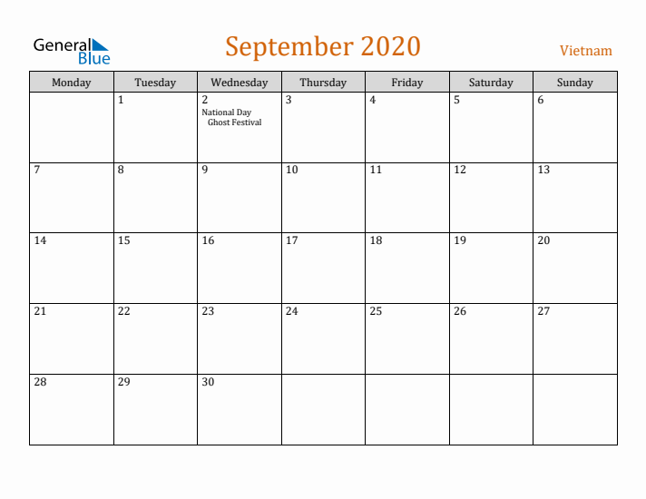 September 2020 Holiday Calendar with Monday Start