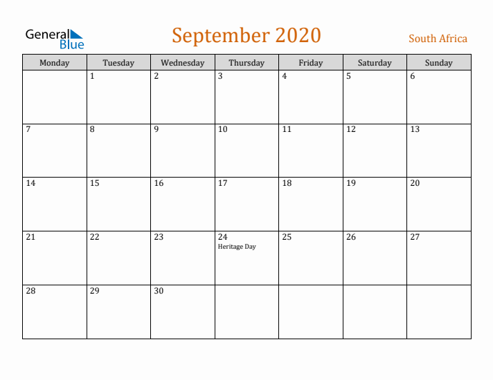 September 2020 Holiday Calendar with Monday Start