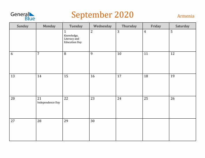 September 2020 Holiday Calendar with Sunday Start