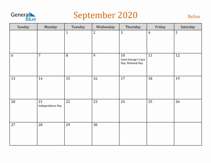 September 2020 Holiday Calendar with Sunday Start