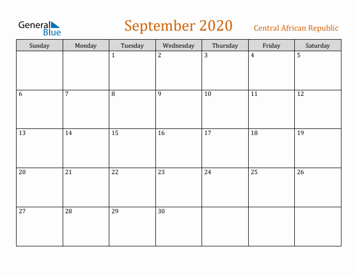 September 2020 Holiday Calendar with Sunday Start