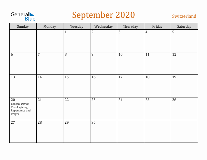 September 2020 Holiday Calendar with Sunday Start