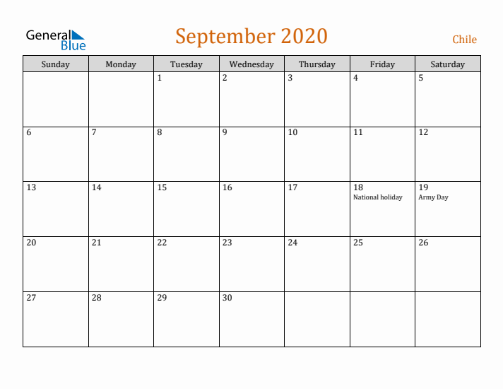 September 2020 Holiday Calendar with Sunday Start