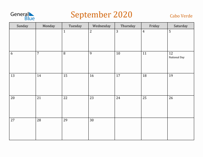 September 2020 Holiday Calendar with Sunday Start