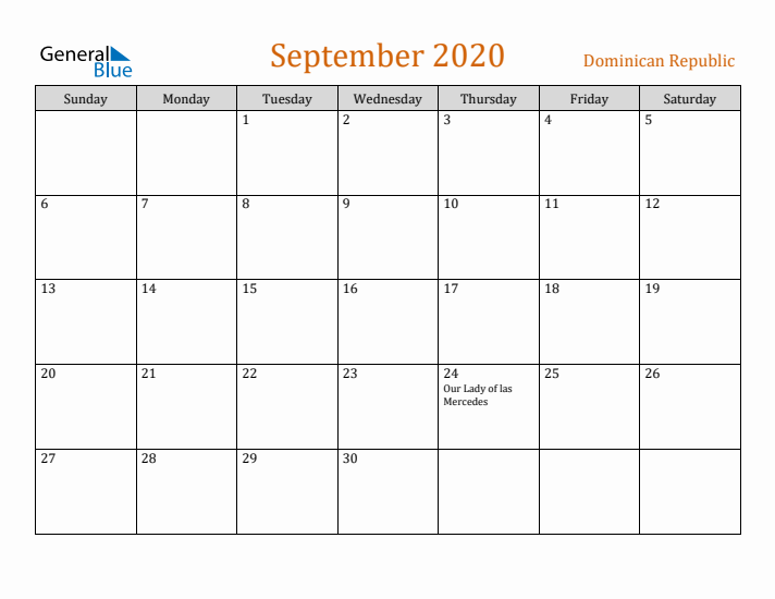 September 2020 Holiday Calendar with Sunday Start