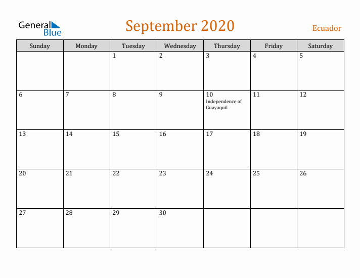 September 2020 Holiday Calendar with Sunday Start