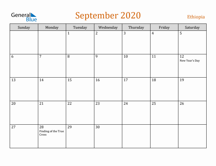 September 2020 Holiday Calendar with Sunday Start