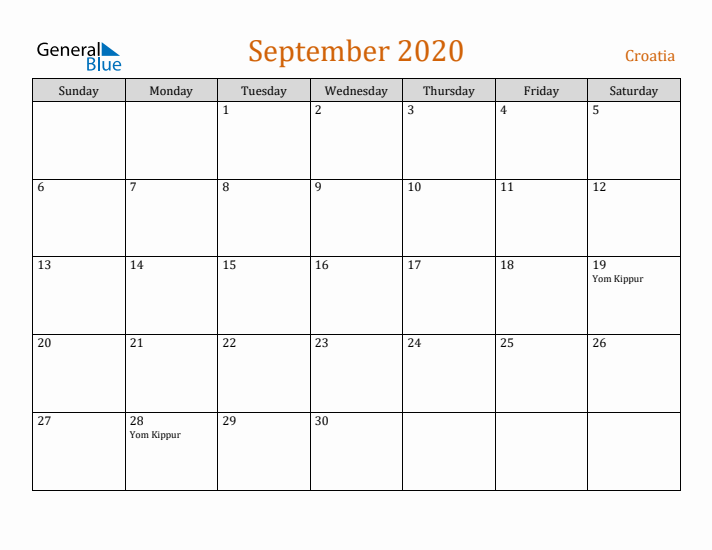 September 2020 Holiday Calendar with Sunday Start