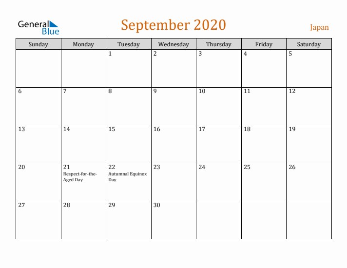 September 2020 Holiday Calendar with Sunday Start