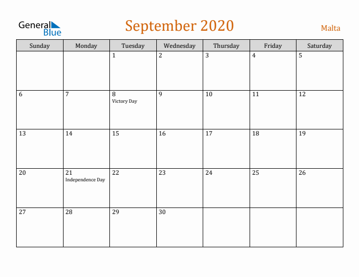 September 2020 Holiday Calendar with Sunday Start