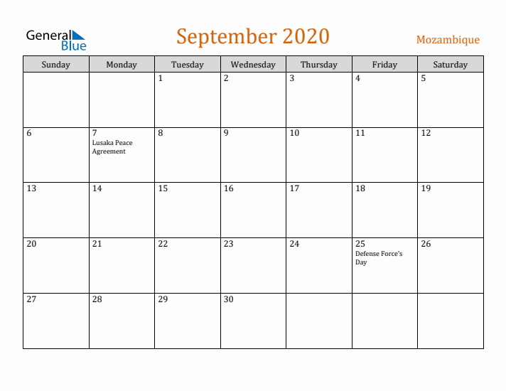 September 2020 Holiday Calendar with Sunday Start