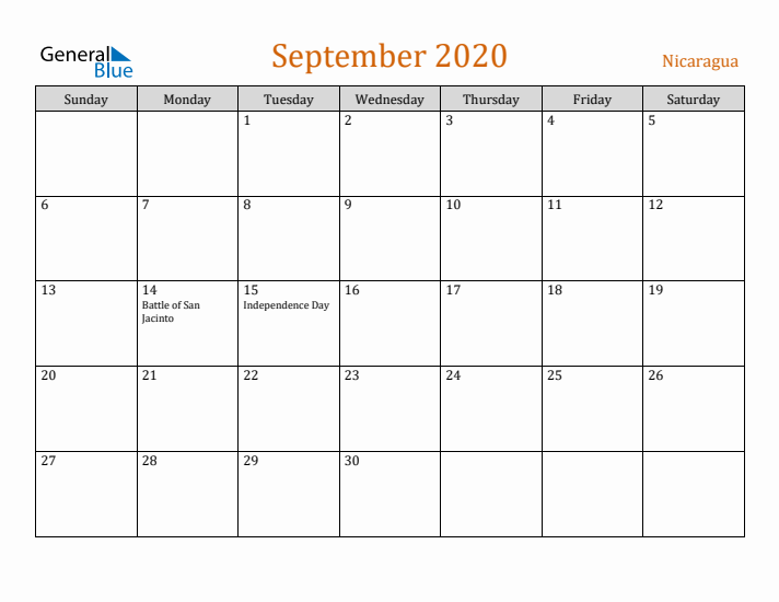 September 2020 Holiday Calendar with Sunday Start