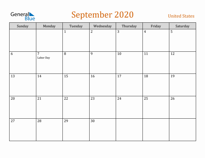 September 2020 Holiday Calendar with Sunday Start