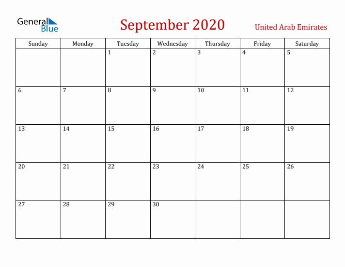 United Arab Emirates September 2020 Calendar - Sunday Start