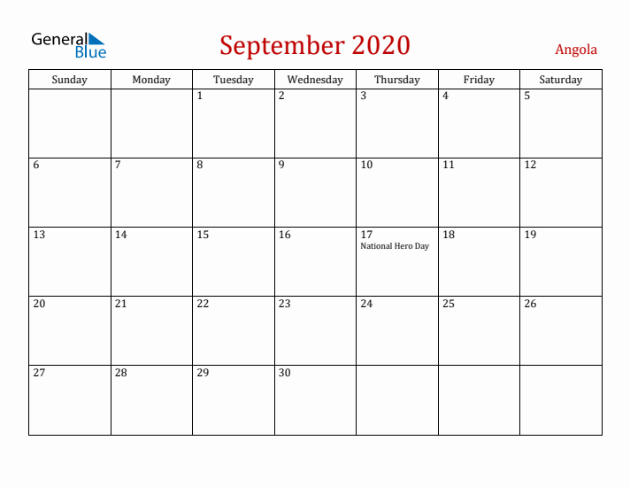 Angola September 2020 Calendar - Sunday Start