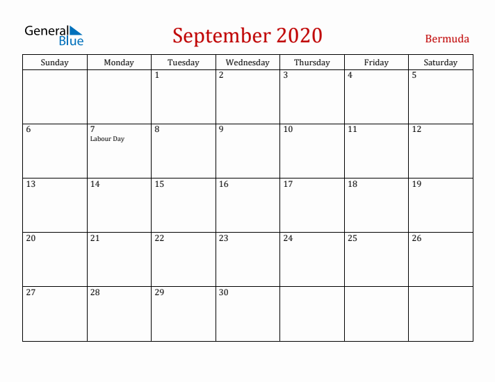 Bermuda September 2020 Calendar - Sunday Start